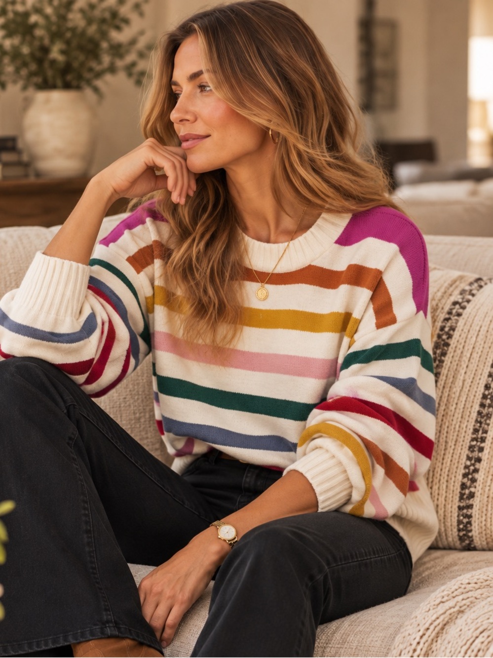 Gap Womens XXL Rainbow Stripe Crewneck Sweater Cotton Blend Multi Color Knit
